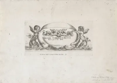 Titelprent met cartouche met tekst geflankeerd door putti op dolfijnen