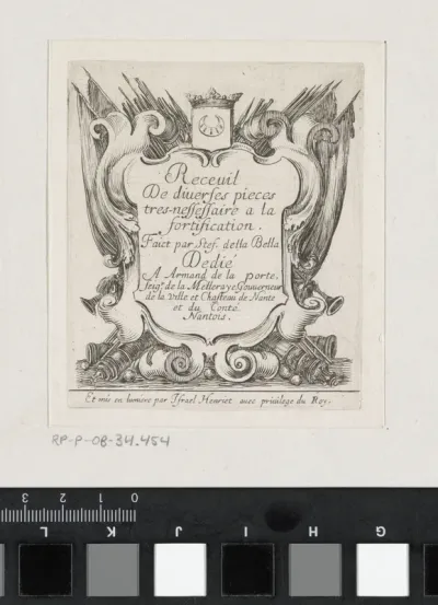 Titelprent met cartouche met tekst, vaandels, trompetten en kanonnen