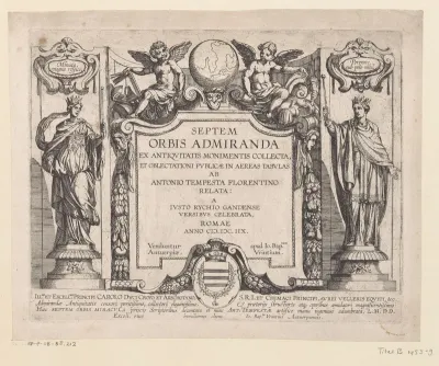 Titelprent met cartouche met titel tussen twee beelden van koninginnen en boven twee putti en een globe