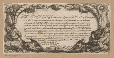 Titelprent met cartouche met twee gevangenen tussen wapentuig en een opdracht