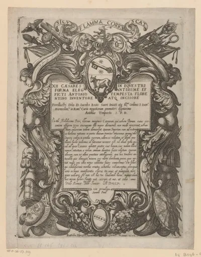 Titelprent met cartouche met twee gevleugelde figuren, wapenschilden en wapentuig