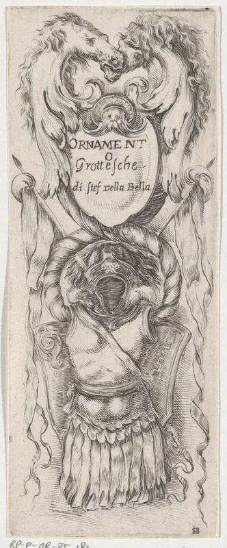 Titelprent met cartouche met wapenrusting en twee paardenhoofden