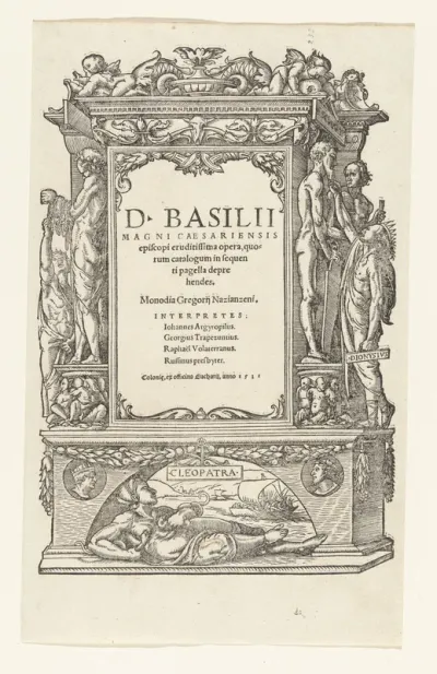 Titelprent met Cleopatra en Dionysius I die van de godenbeelden rooft