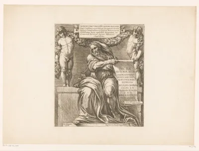 Titelprent met de profeet Jesaja met papierrol en twee putti