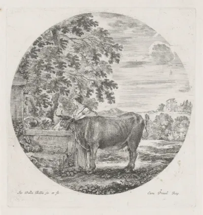 Titelprent met drinkende koe in een landschap
