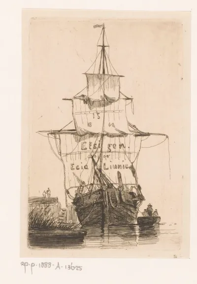 Titelprent met een aangemeerd zeilschip
