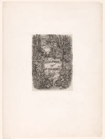 Titelprent met een begroeide steen met inscriptie in een boslandschap