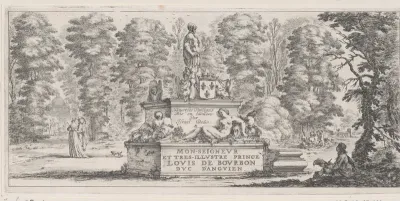Titelprent met een grafmonument in een landschap
