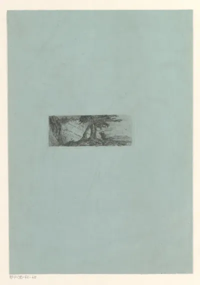 Titelprent met een landschap met drie bomen voor een rotsblok