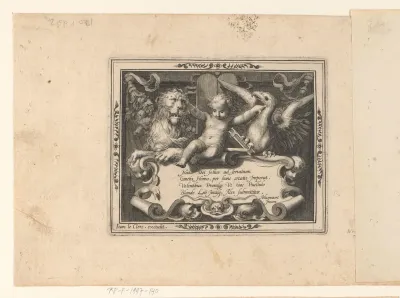 Titelprent met een putto tussen een leeuw en een adelaar boven een cartouche