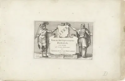 Titelprent met een soldaat en een vrouw met schildersattributen