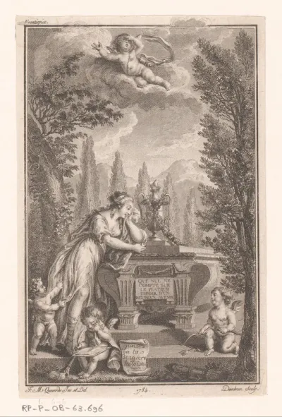 Titelprent met een vrouw met putti bij een tombe in een tuin