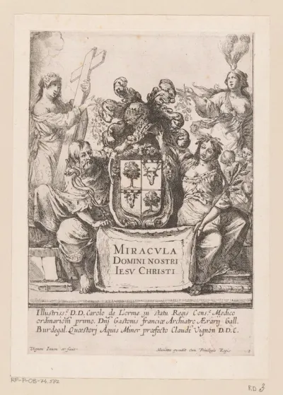 Titelprent met een wapenschild geflankeerd door vier allegorische figuren: Medicijnen, Gezondheid, Religie en Liefdadigheid