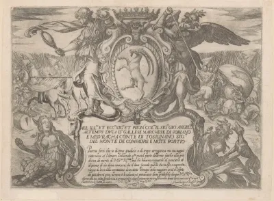 Titelprent met een wapenschild met geit, geflankeerd door Fraude en Afgunst