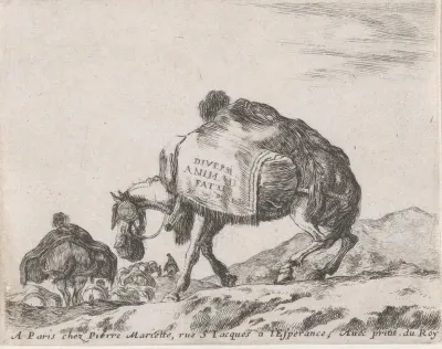 Titelprent met een zwaar bepakt muildier