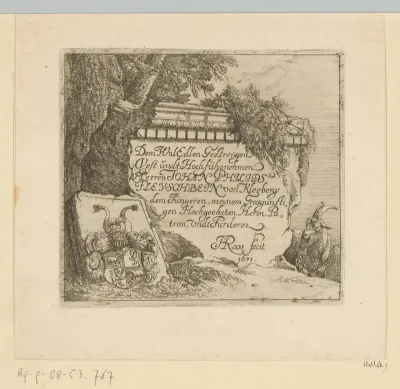 Titelprent met familiewapen in een landschap met geit