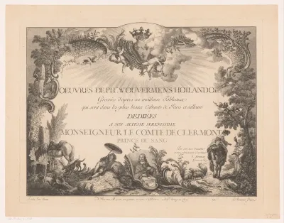 Titelprent met figuren en dieren in een landschap, met het portret van Philips Wouwerman