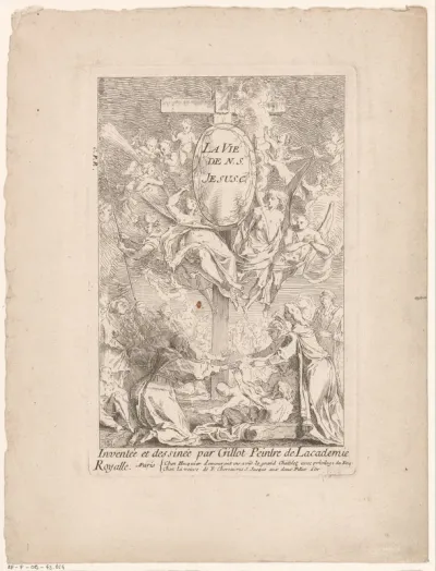Titelprent met figuren en engelen rond het kruis