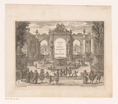 Titelprent met figuren op binnenplaats met fontein
