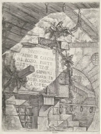 Titelprent met gezicht in kerker en titel op muur