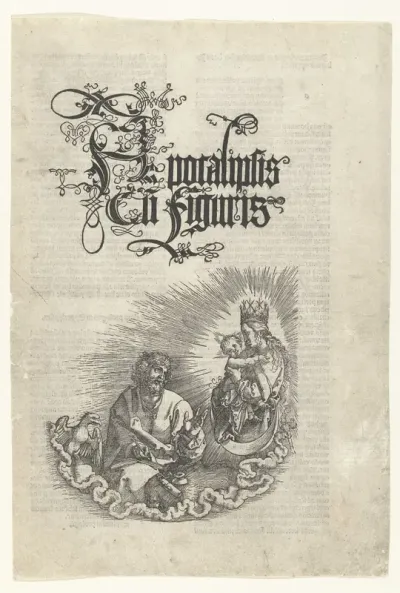 Titelprent met Johannes de Evangelist en Maria met het Christuskind