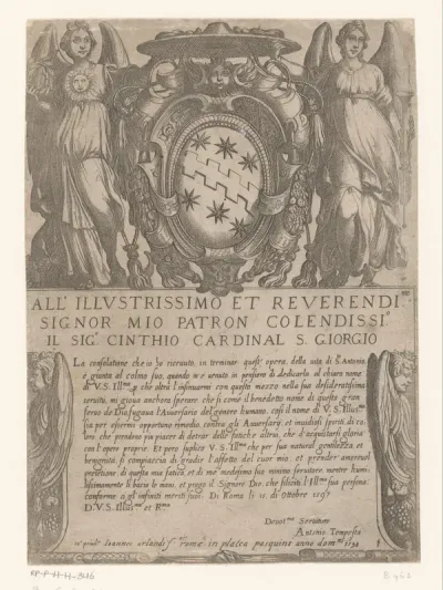 Titelprent met kardinaalswapen geflankeerd door Waarheid en Faam boven een cartouche met tekst