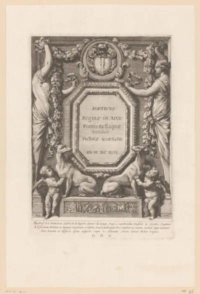 Titelprent met kariatiden, putti en honden in een omlijsting