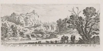 Titelprent met landschap met waterval