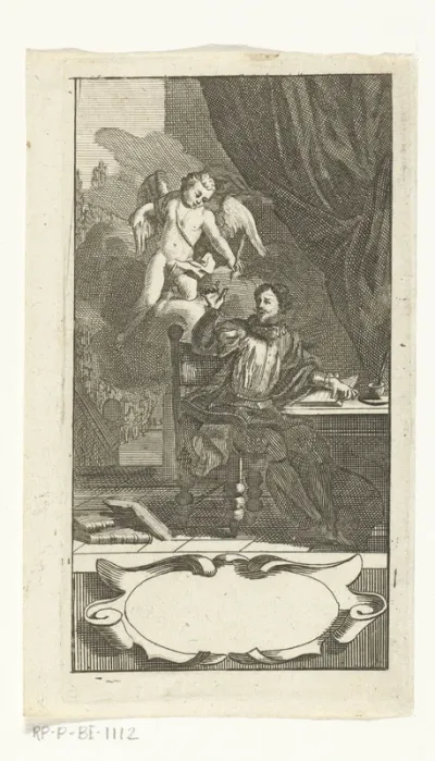 Titelprent met man die inspiratie ontvangt van engeltje boven lege cartouche