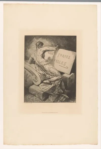 Titelprent met man op stenen monument