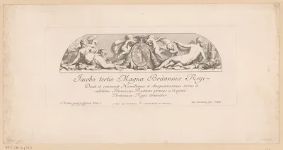 Titelprent met medaillon met portret van Jacobus Stuart in allegorische setting