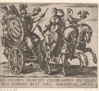 Titelprent met Minerva op strijdwagen, geleid door Voorzichtigheid en Liefde