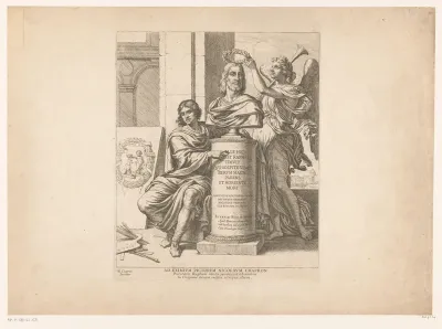 Titelprent met Nicolas Chaperon, gezeten naast een buste van Rafaël gelauwerd door de Faam