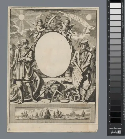 Titelprent met ontdekkingsreizigers en hun gereedschap