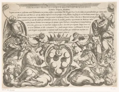 Titelprent met opdracht aan en wapen van Cosimo II de'Medici en voorstellingen van Rechtvaardigheid, Voorzichtigheid, Roem en Edelmoedigheid