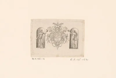 Titelprent met ornamentele cartouche en Adam en Eva in twee nissen
