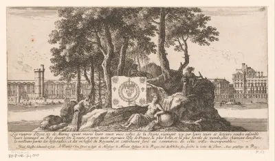 Titelprent met personificaties van drie rivieren met zicht op Rome en Parijs