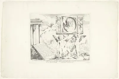 Titelprent met portret van Andrea Mantegna en putti