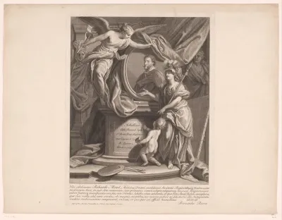 Titelprent met portret van Peter Paul Rubens omringd door allegorische figuren