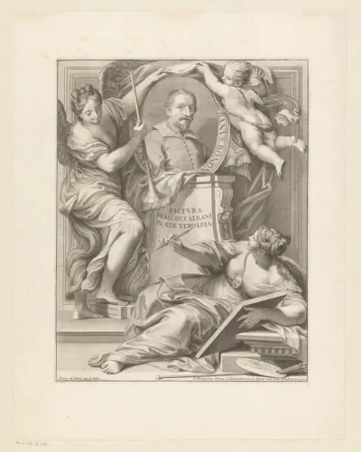 Titelprent met portret van schilder Francesco Albani met engelen en de personificatie van de schilderkunst