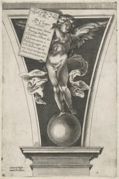 Titelprent met putto met aankondiging