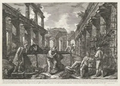 Titelprent met resten van de Tempel van Neptunus te Paestum met titel op blokken