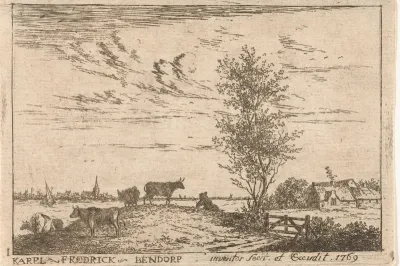 Titelprent met rivierlandschap met koeien