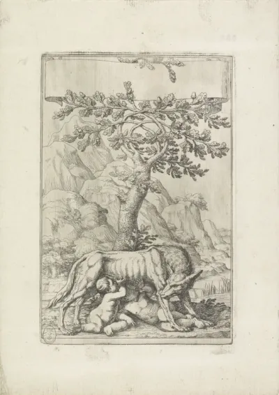 Titelprent met Romulus en Remus gezoogd door de wolvin