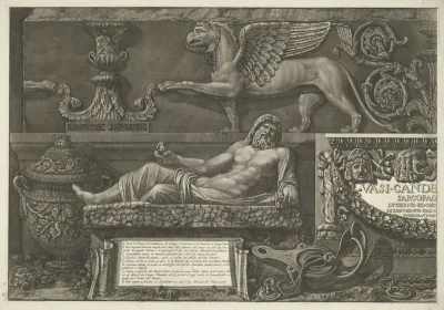 Titelprent met sculpturen, gebeeldhouwde reliëfs en een sarcofaag met titel (linker deel)