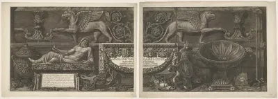 Titelprent met sculpturen, gebeeldhouwde reliëfs en een sarcofaag met titel