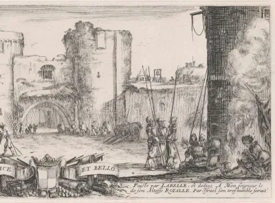 Titelprent met soldaten bij een fort in een landschap
