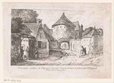 Titelprent met stadspoort en omliggende huizen