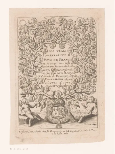 Titelprent met stamboom van alle Franse koningen tot en met Lodewijk XIV van Frankrijk