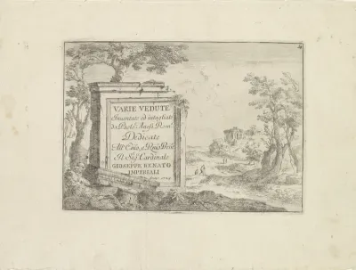 Titelprent met tekst op marmeren blok in Italiaans landschap